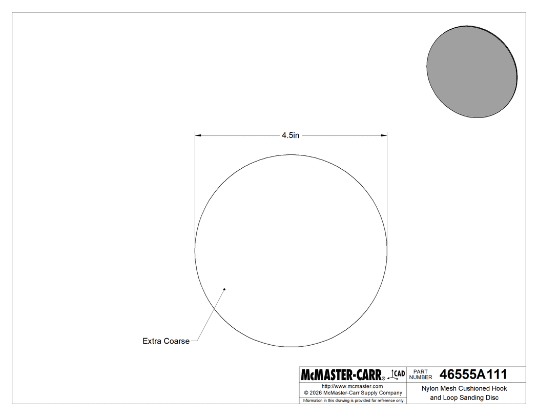 Technical Drawing of Nylon Mesh Cushioned Hook&Loop Sanding Disc, Extra Coarse Grade, 4-1/2" Diameter.
